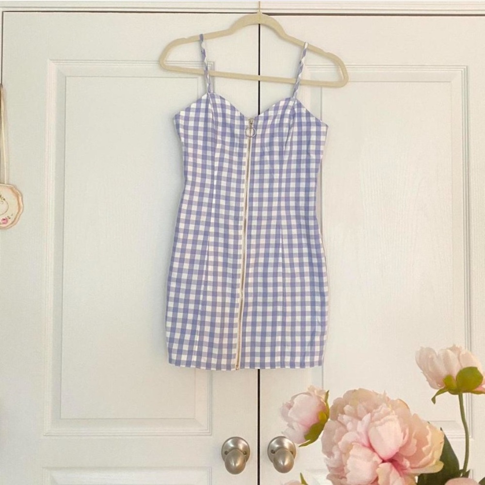 NWT Forever 21 periwinkle and white gingham/checkered mini bodycon dress